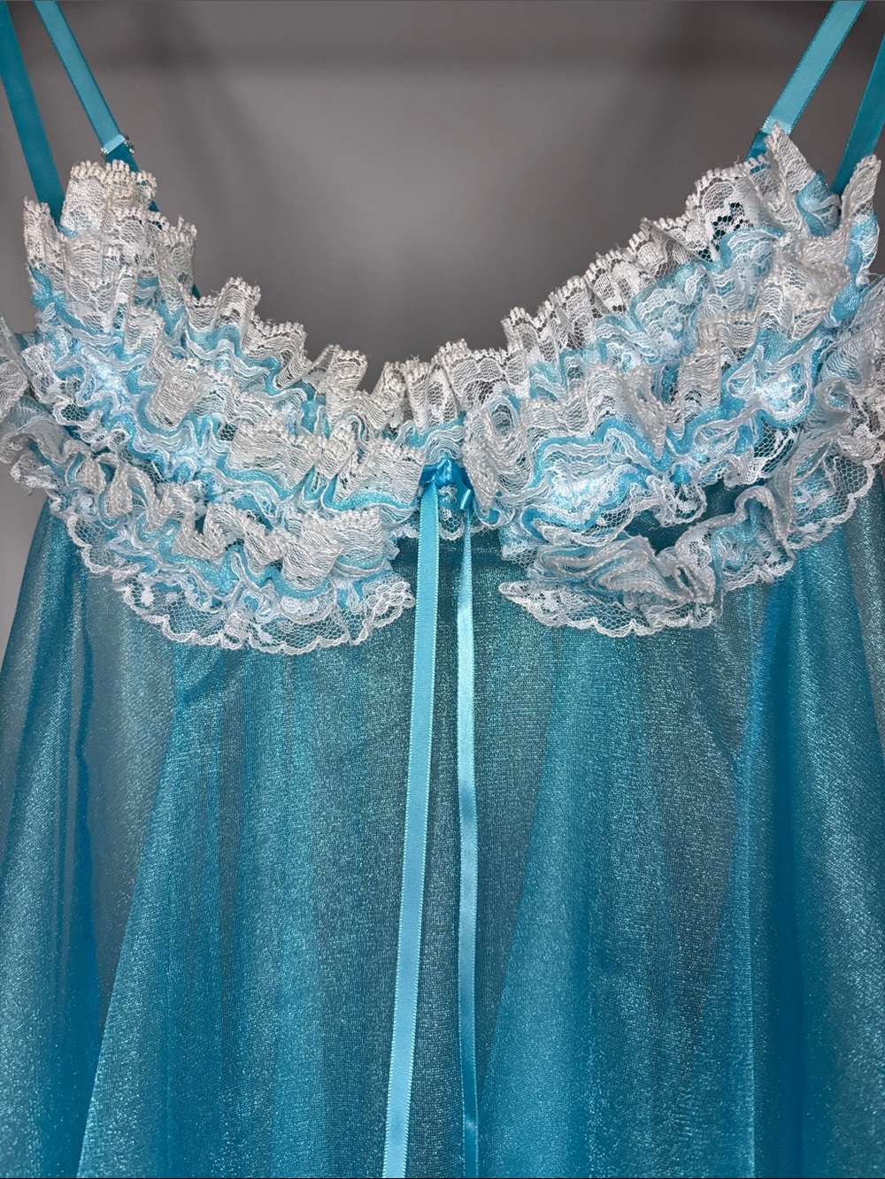 Y2K Era Sheer Ruffled Babydoll Chemise in Aqua with White Lace - Picture 3 of 9